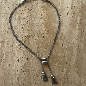 Vintage Sterling Silver Tone Tassel Lariat Necklace with Rhinestones